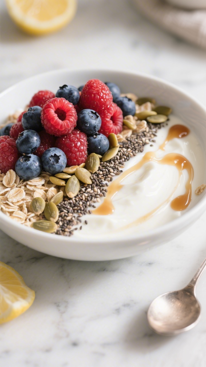 Final plated Breakfast Berry Soy Yogurt Bowl: thick unsweetened soy yogurt mixed with rolled oats as