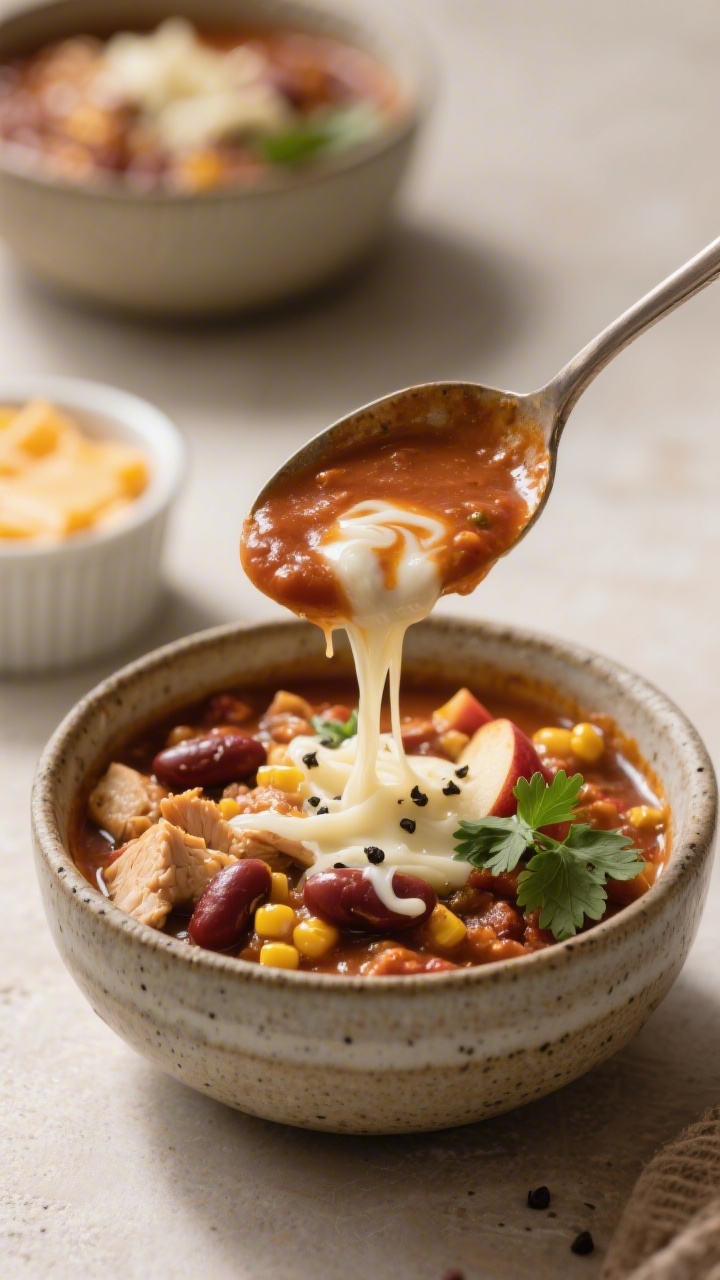 Final plated, close-up beauty shot: Ladleful of silky chili being poured into a rustic stoneware bow