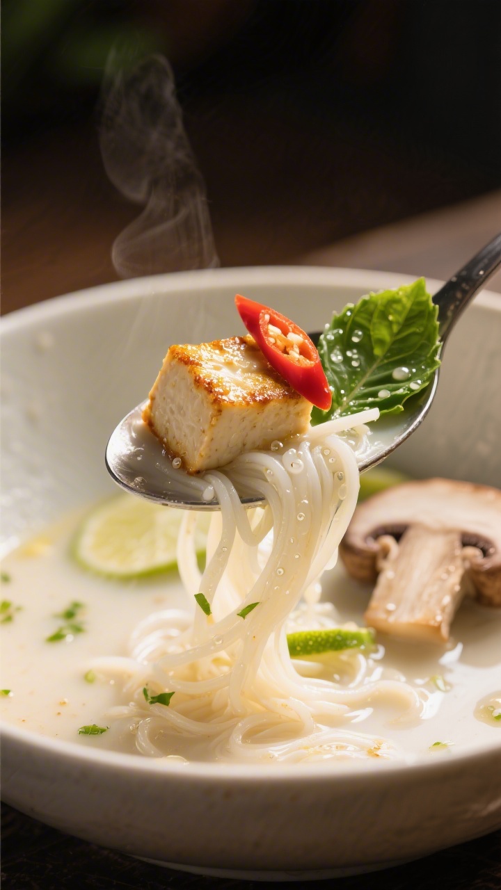 Final plated close-up: Intimate detail of a spoonful lifted from the bowl, showcasing silky coconut 