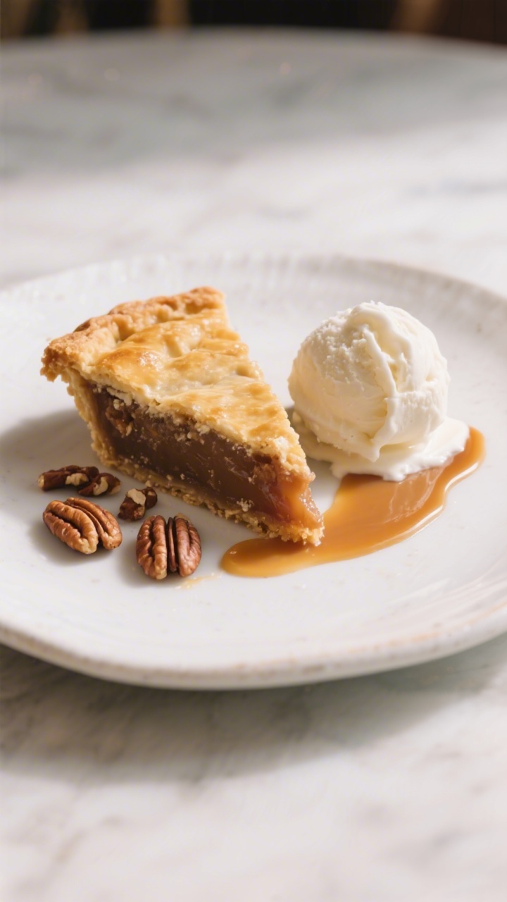 Final plated dessert presentation: a neat slice of pecan pie on a white stoneware plate with a small