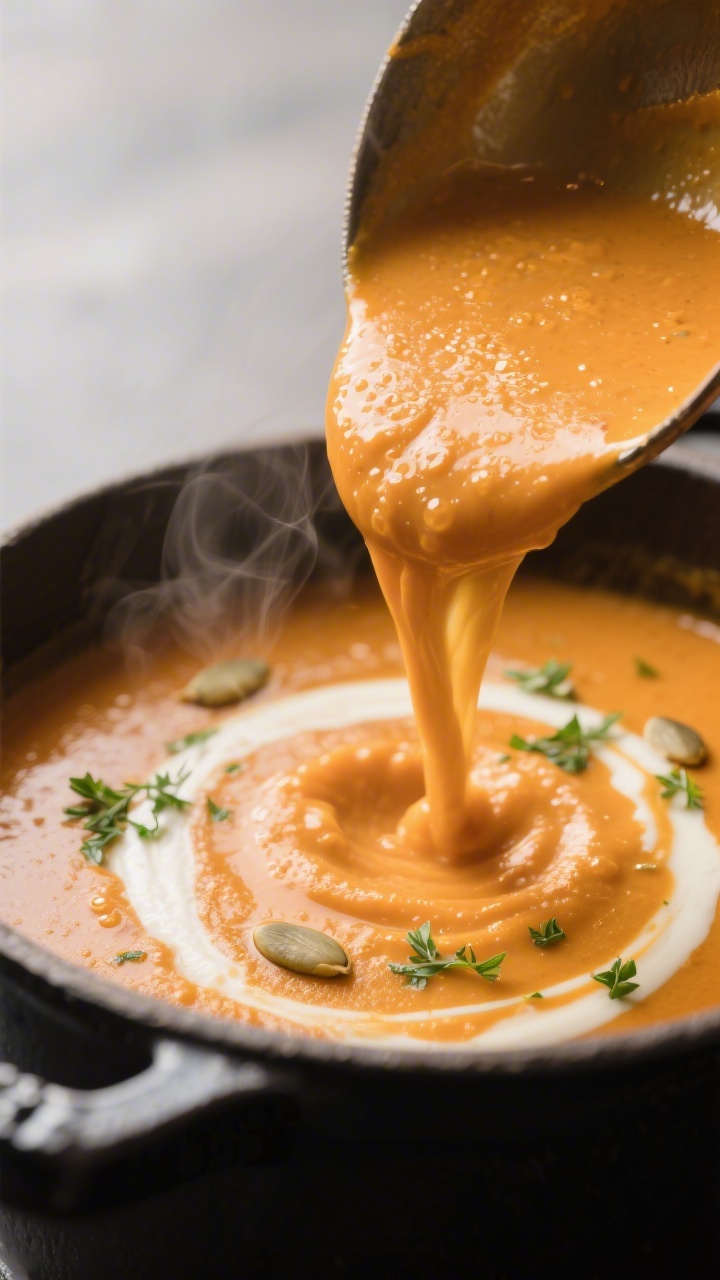 Final plated detail: Extreme close-up of a ladle pouring the silky blended soup back into the pot af