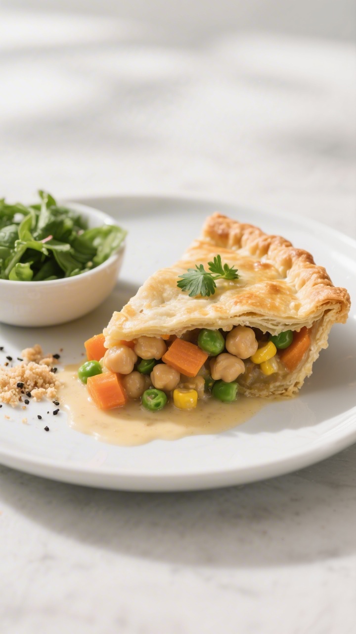 Final plated dish: A generous wedge of Easy Chickpea Pot Pie served on a matte white plate, clean cu