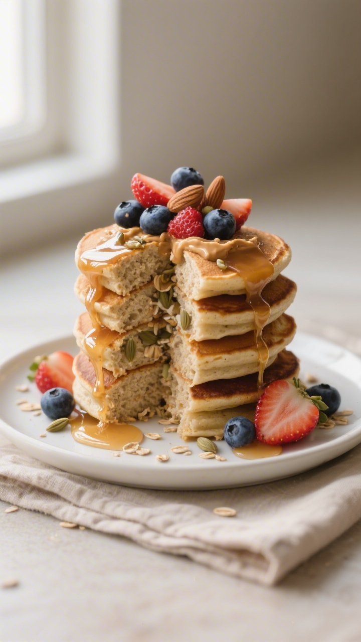 Final plated dish: A tall stack of vegan protein pancakes on a matte white ceramic plate, cross-sect