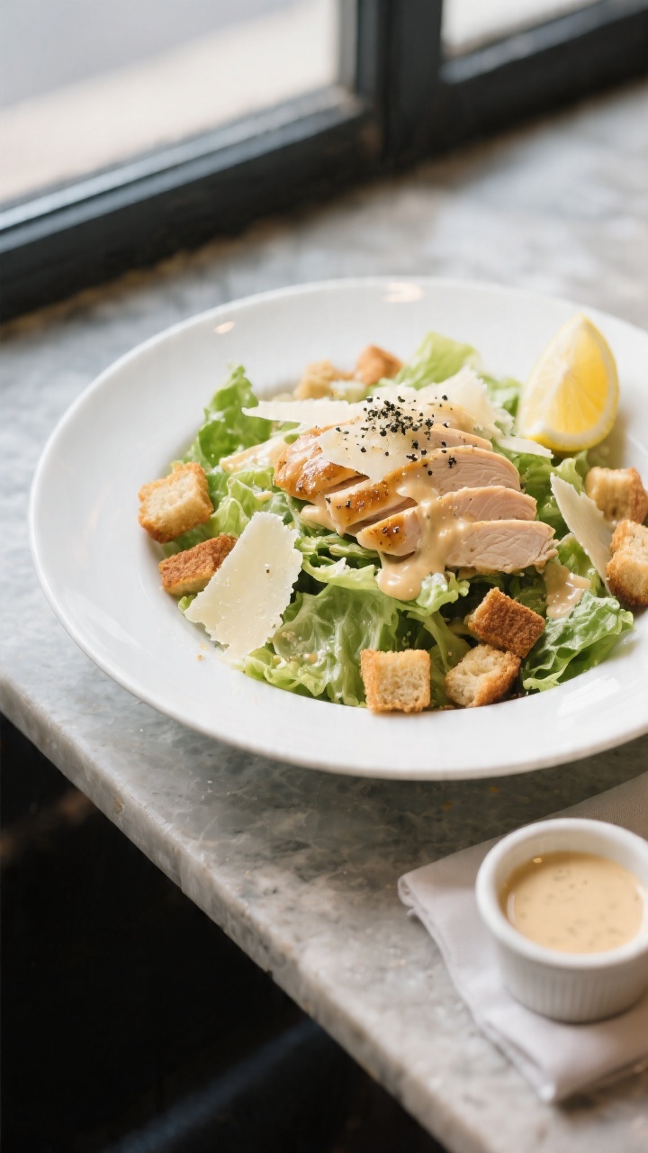 Final plated dish: Beautifully plated Chicken Caesar Salad in a wide, shallow white bowl—crisp rom
