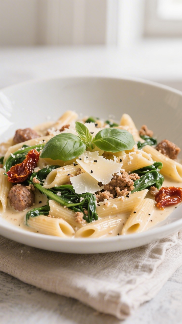 Final plated dish: Beautifully plated Creamy Tuscan Skillet pasta—al dente penne coated in a light