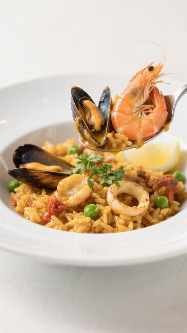 Final plated dish beauty: A generous spoonful of seafood paella plated in a shallow white coupe bowl