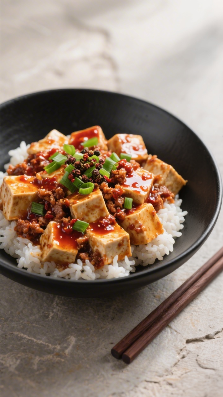 Final plated dish beauty: Restaurant-quality bowl of finished Mapo Tofu over steamed white rice, sil