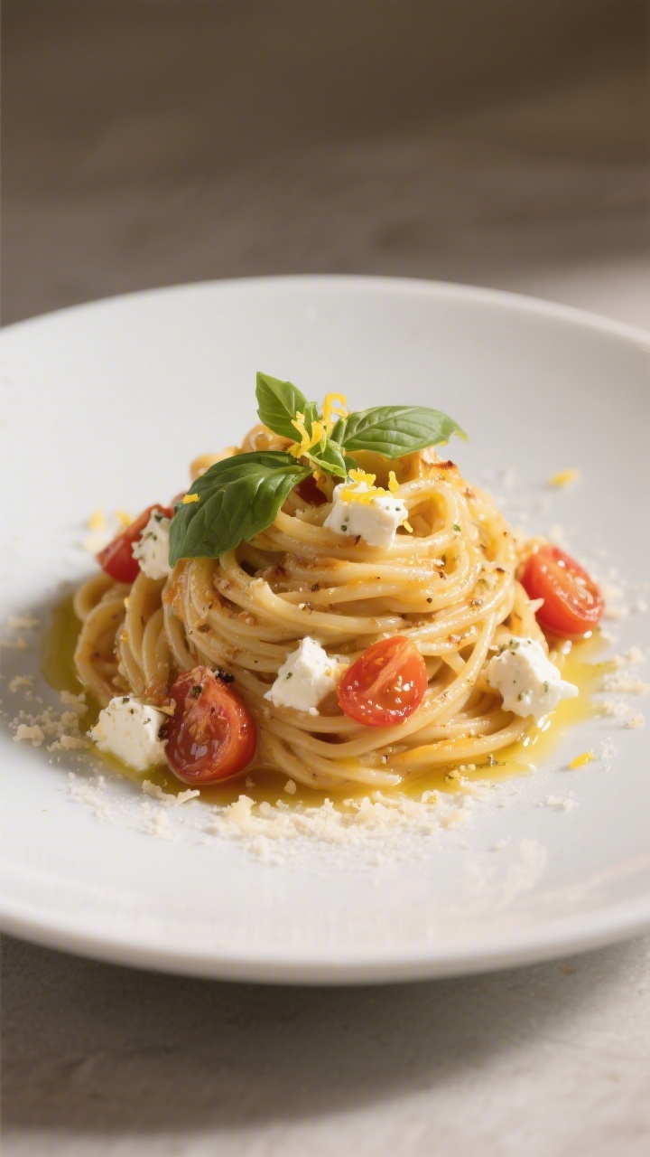 Final plated dish beauty: Restaurant-quality presentation of a heaping twirl of creamy baked feta pa