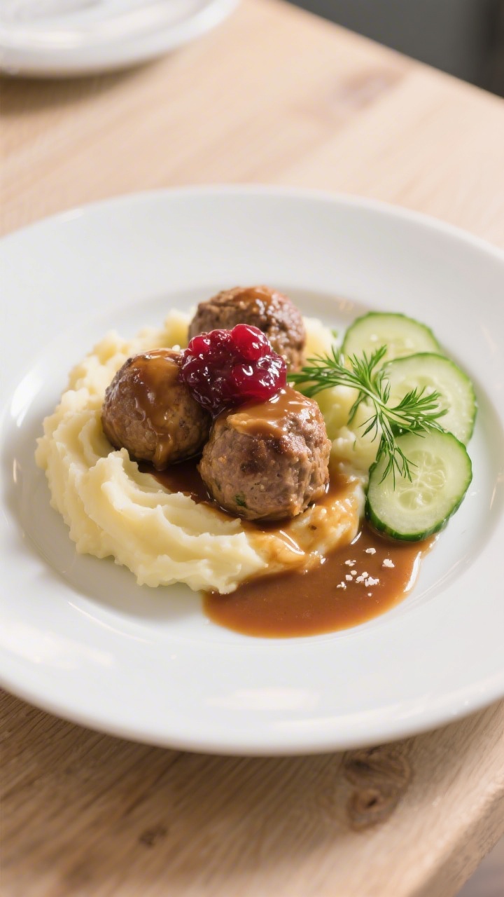 Final plated dish beauty shot: Restaurant-quality plate of Köttbullar with Potatismos and Pressgurk