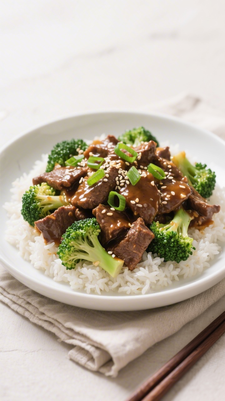 Final plated dish beauty shot: Restaurant-style Beef and Broccoli stir fry piled high in a wide whit