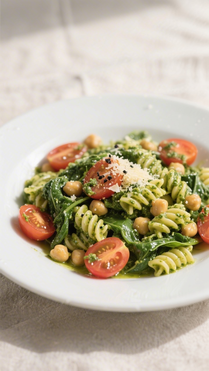 Final plated dish: Chickpea pesto pasta with wilted spinach, glossy rotini coated in bright green ve