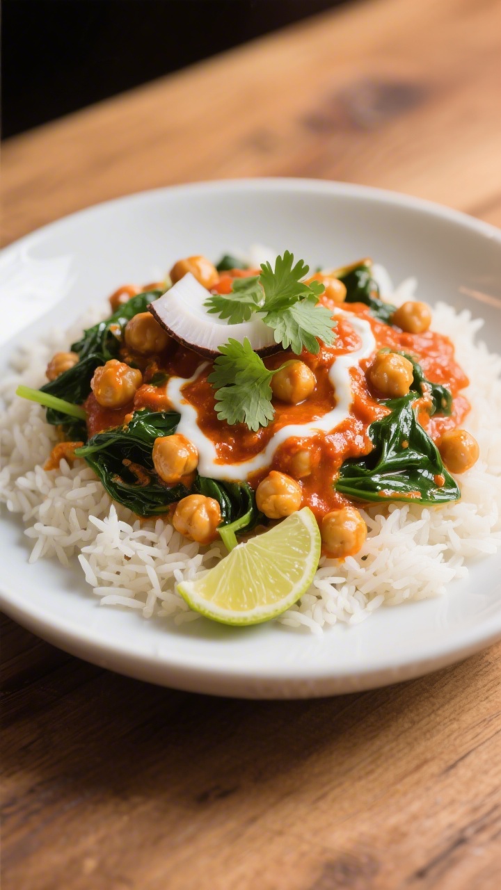 Final plated dish: Chickpea tikka masala served over fluffy basmati rice—creamy tomato-coconut sau