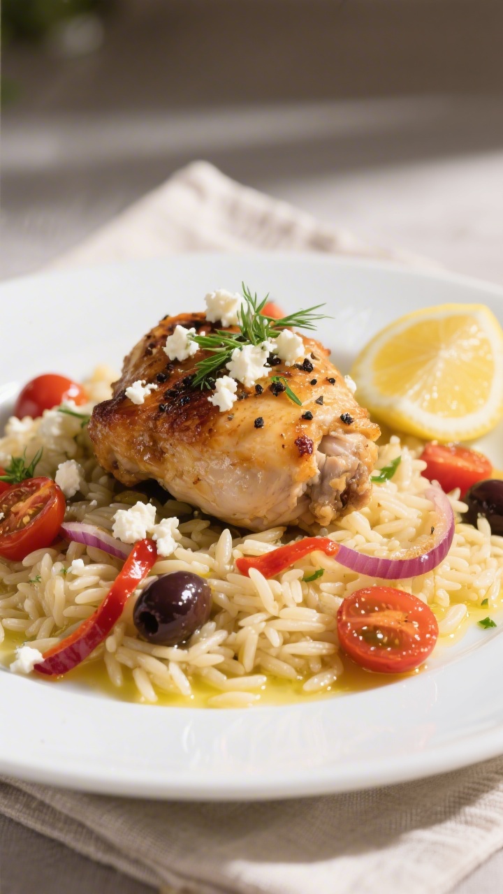 Final plated dish, close-up detail: A single serving of Greek chicken thigh atop a bed of lemony orz