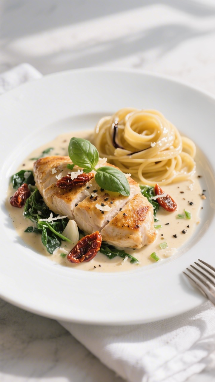 Final plated dish: Creamy Tuscan Chicken presented restaurant-style—golden seared chicken breasts