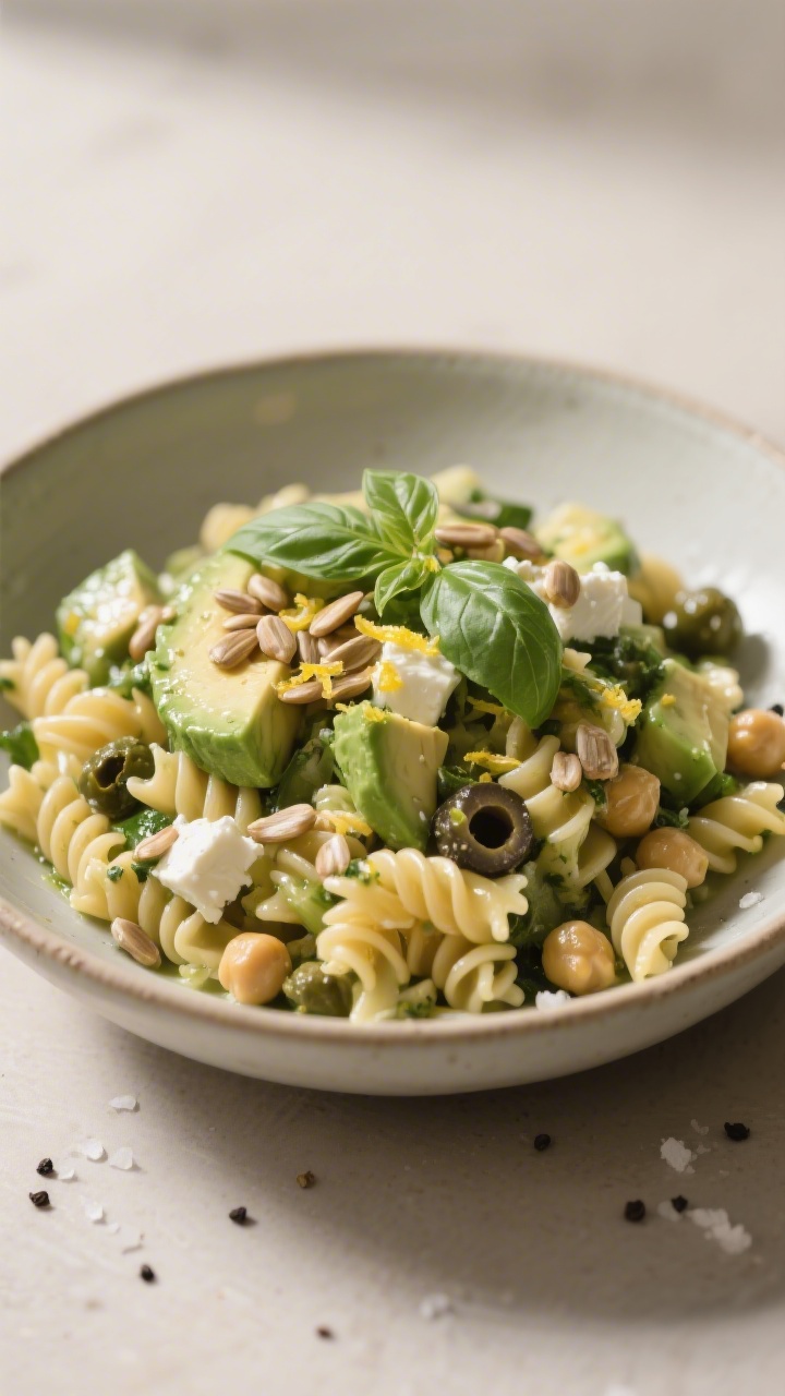 Final plated dish — finished vegan pasta salad: Restaurant-quality presentation of the finished ve