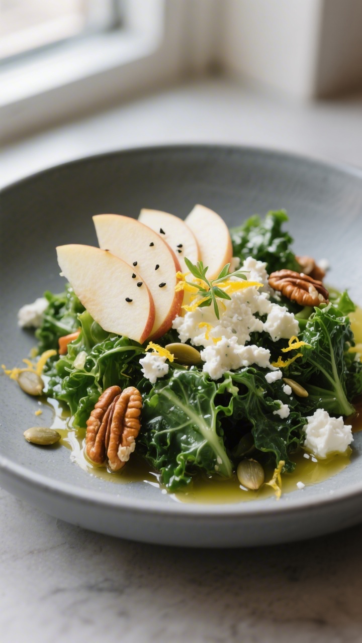 Final plated dish – finished with cheese: Beautifully plated kale apple salad in a shallow matte-g