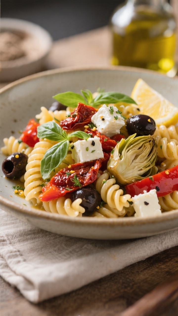 Final plated dish: Mediterranean variation beautifully plated in a shallow ceramic bowl—fusilli wi