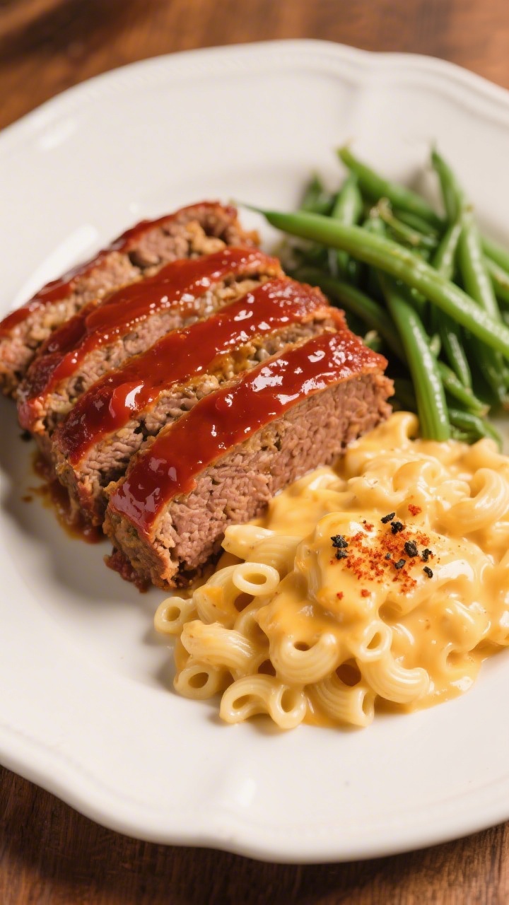 Final plated dish: Old-school meatloaf sliced thick with a glossy ketchup glaze, served alongside cr