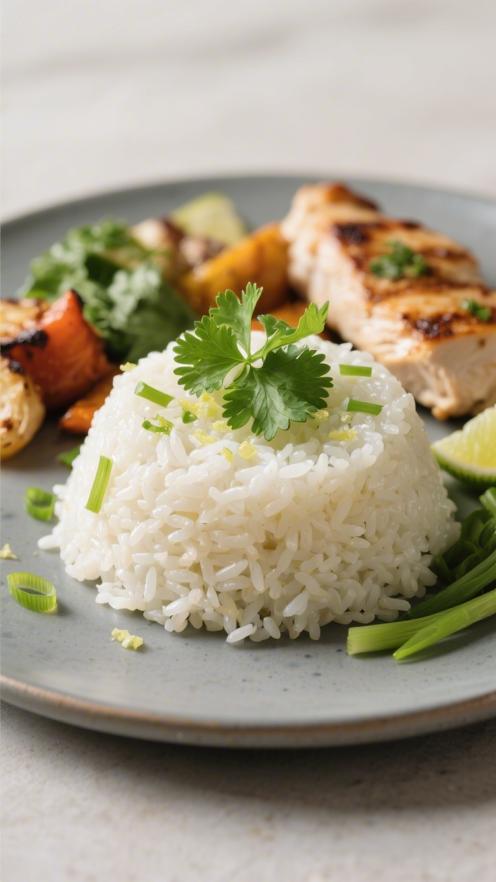 Final plated dish presentation: Restaurant-quality plating of cilantro lime rice molded into a neat 