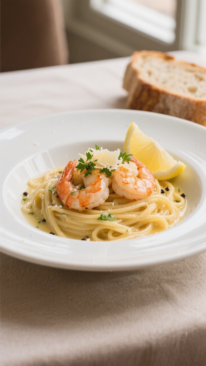 Final plated dish, restaurant presentation: Beautifully plated shrimp scampi over al dente linguine 