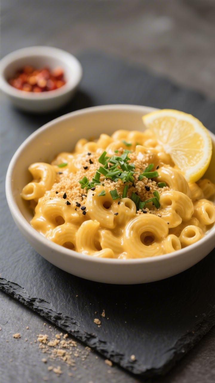 Final plated dish: Restaurant-quality bowl of vegan protein mac and cheese served hot and creamy (no