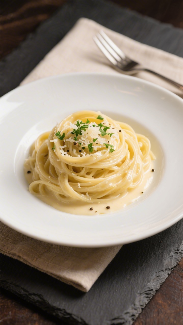 Final plated dish: Restaurant-quality plate of creamy fettuccine Alfredo twirled into a neat nest on