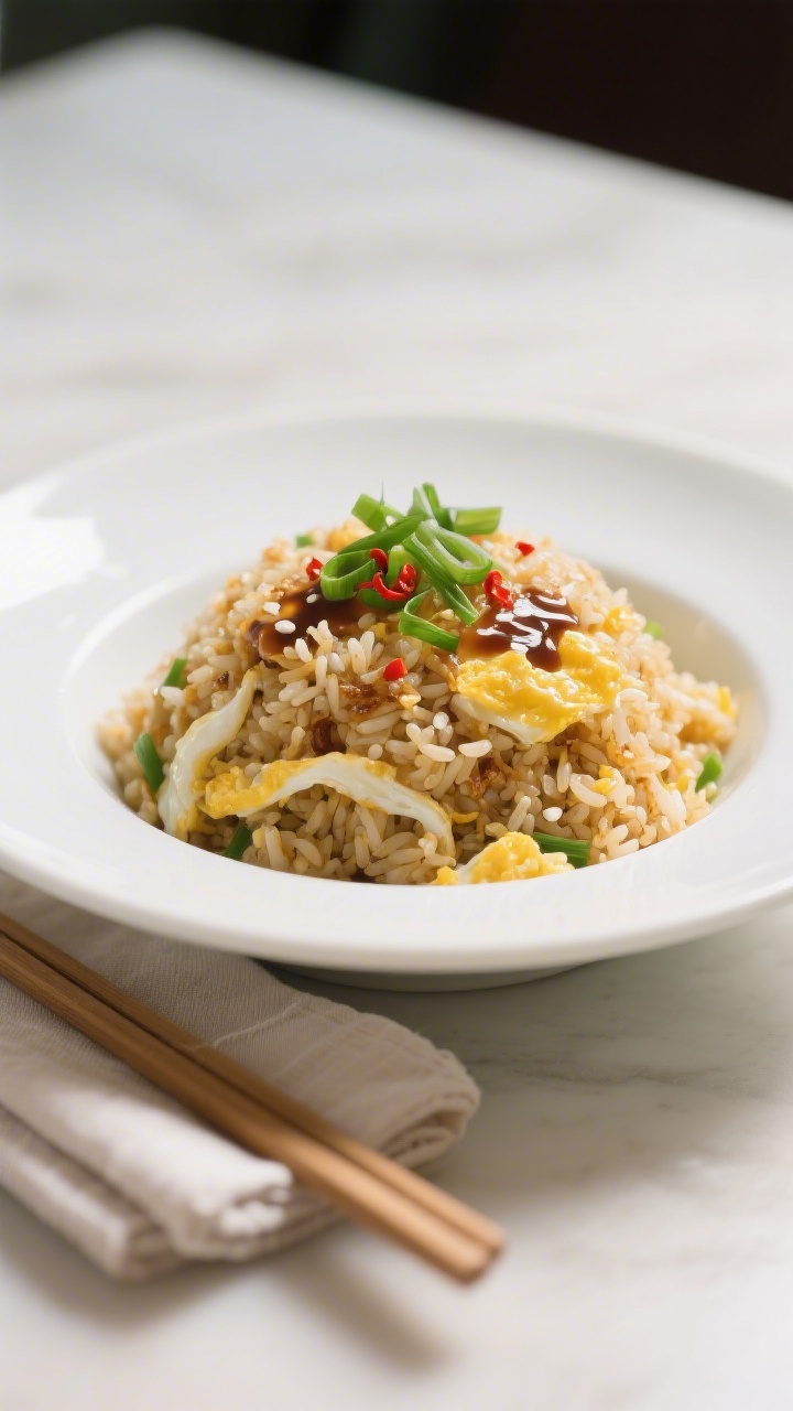 Final plated dish: Restaurant-quality plate of egg fried rice mounded in a shallow white bowl, indiv