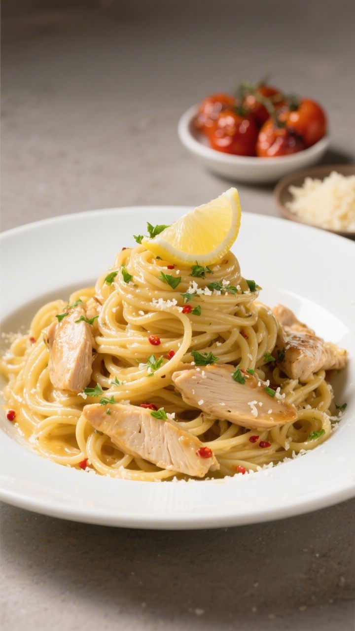 Final plated dish: Restaurant-quality plate of lemon garlic chicken pasta twirled high on a wide whi