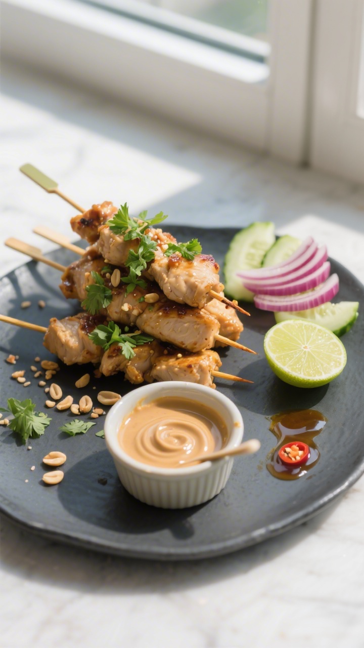 Final plated dish: Restaurant-quality presentation of Chicken Satay with creamy peanut sauce—skewe