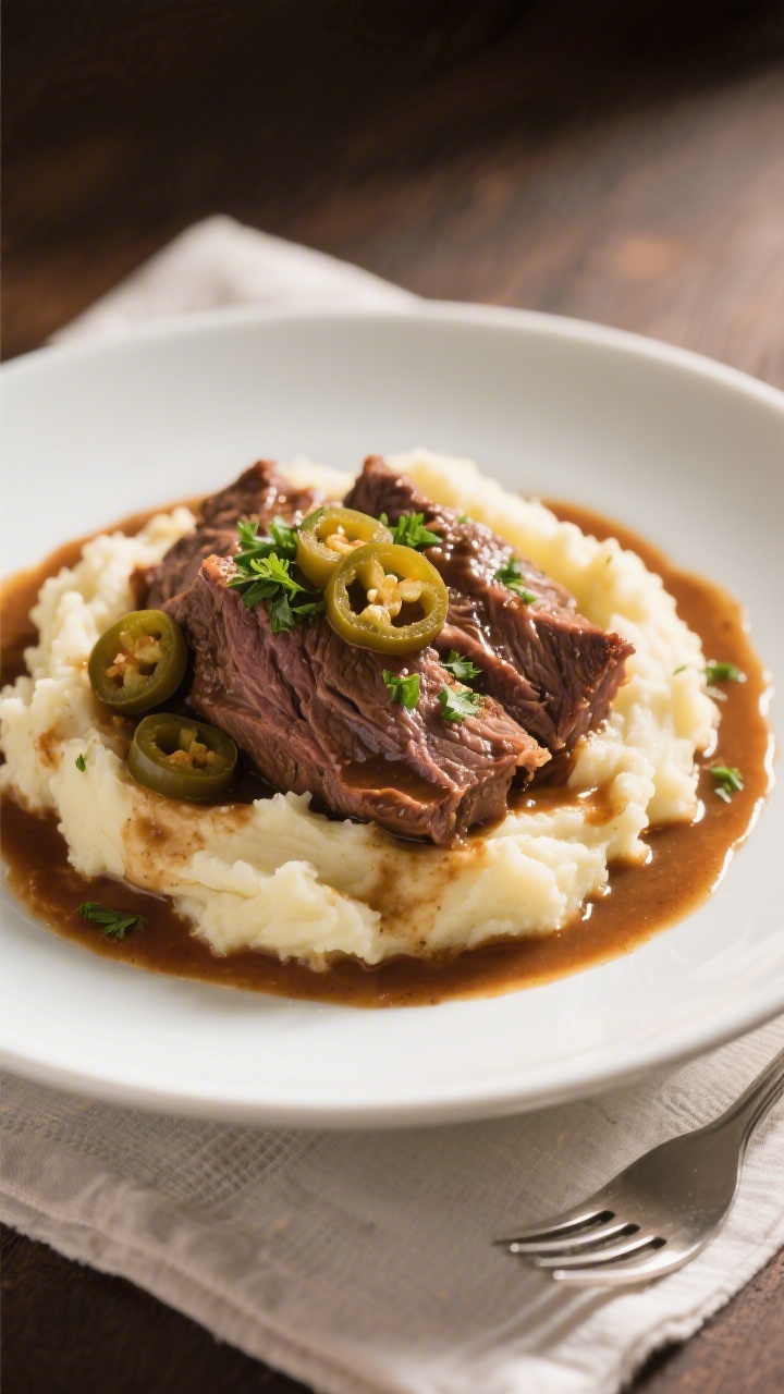Final plated dish: Restaurant-quality presentation of Mississippi pot roast over creamy mashed potat