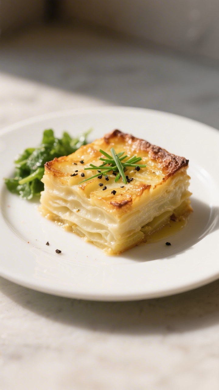 Final plated dish: Restaurant-quality presentation of a neatly sliced square of creamy vegan scallop