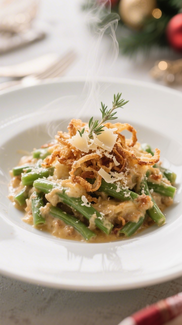 Final plated dish: Restaurant-quality presentation of a generous scoop of green bean casserole on a 