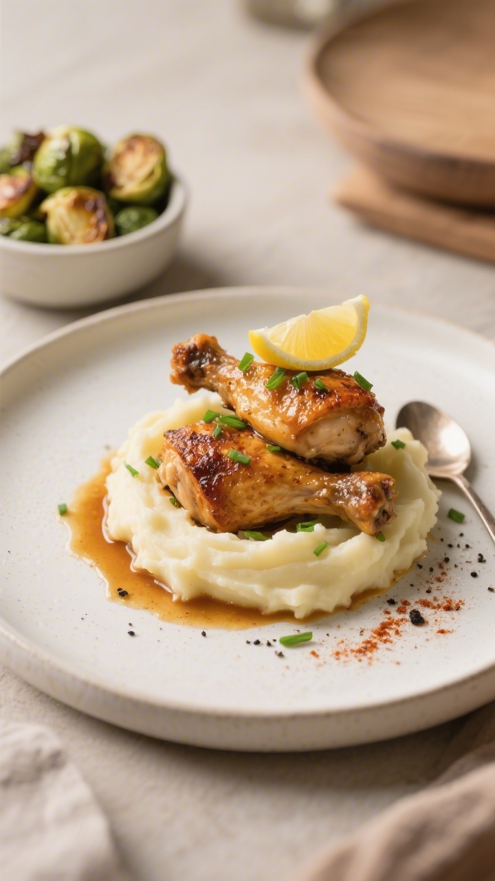 Final plated dish, restaurant-quality presentation: two crispy chicken thighs stacked slightly on cr