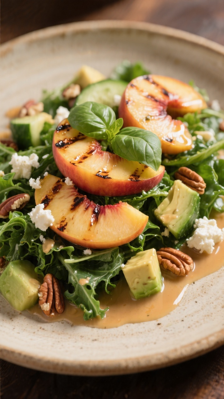 Final plated dish: Restaurant-quality presentation of a Grilled Peach Salad variation—char-marked 