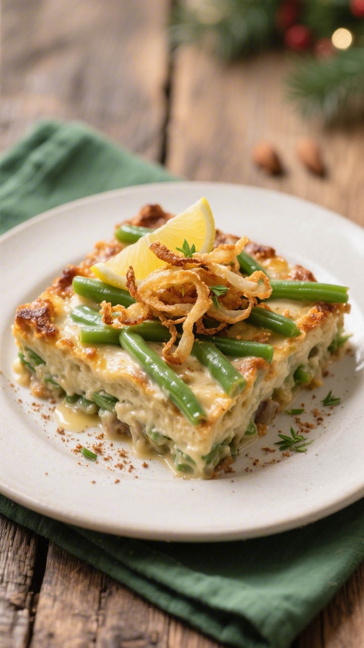 Final plated dish: Restaurant-quality presentation of a generous square of vegan green bean casserol