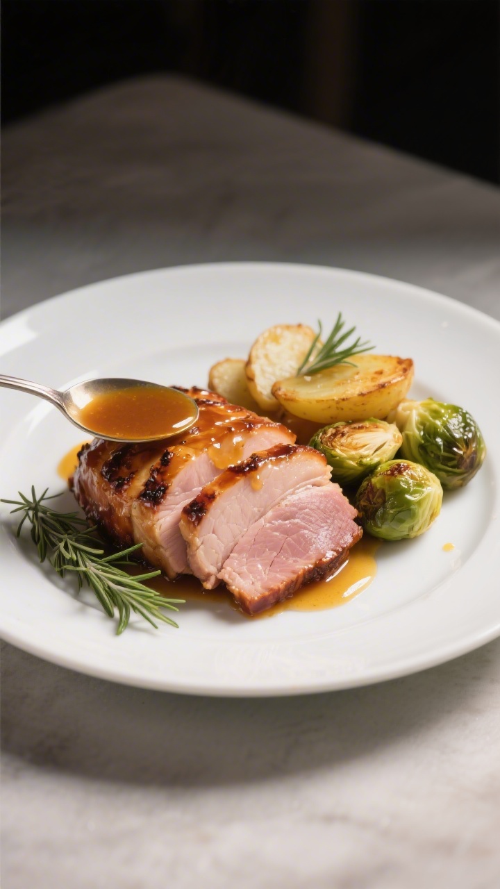 Final plated dish: Restaurant-style presentation of sliced honey baked ham on a matte white plate, t