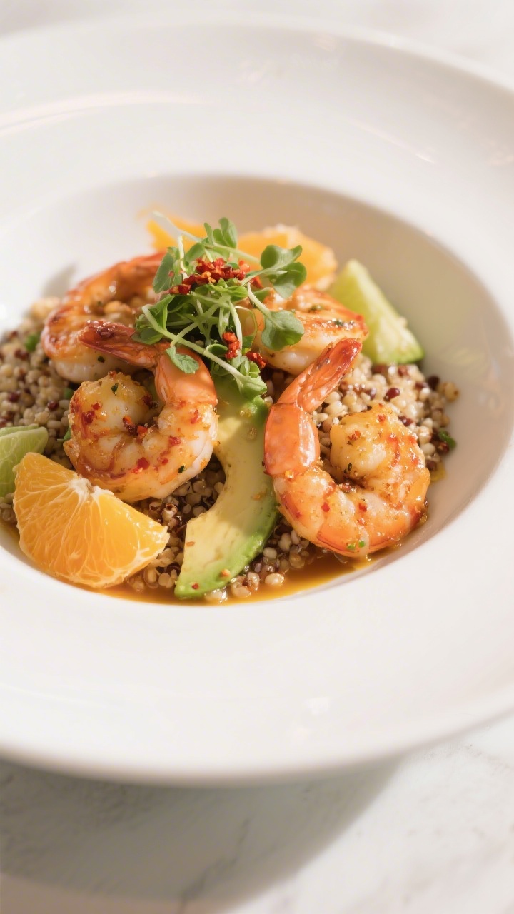 Final plated dish — Shrimp and Quinoa Citrus Bowl: Beautifully plated sautéed shrimp with paprika