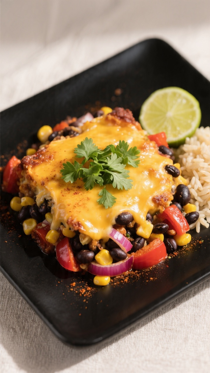 Final plated dish — Southwest Black Bean and Corn Casserole: Restaurant-quality presentation of a 