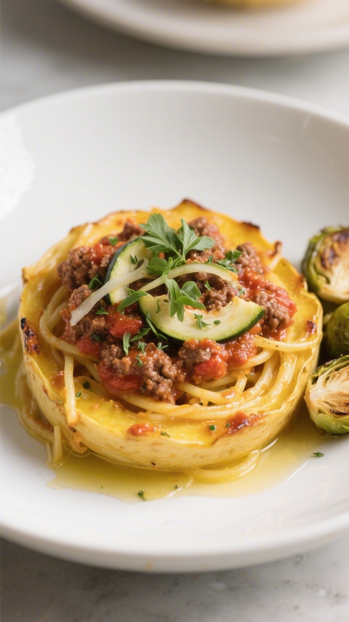 Final plated dish: Spaghetti Squash Bolognese beautifully plated in a wide white bowl—golden roast
