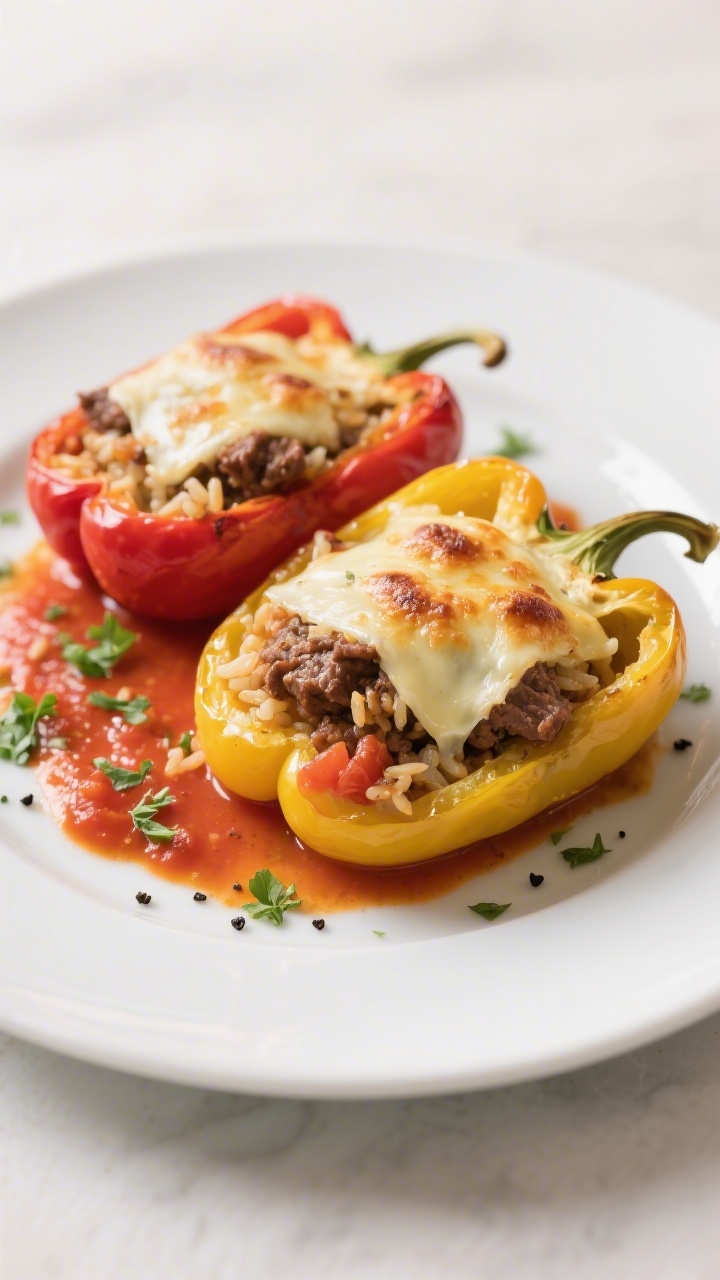 Final plated dish – Stuffed Bell Peppers: Restaurant-quality presentation of baked stuffed peppers