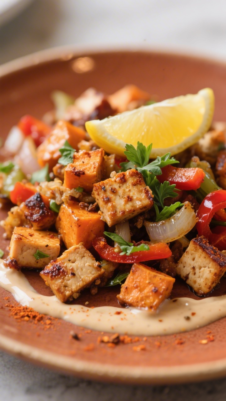 Final plated dish – Tempeh Breakfast Hash: Beautifully plated tempeh and sweet potato hash on a wa