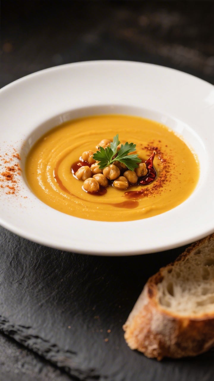 Final plated elegance: Restaurant-quality presentation of creamy vegan butternut squash soup ladled 