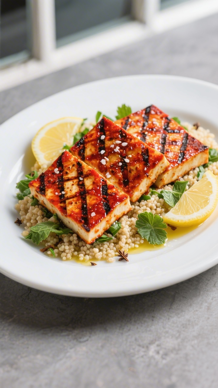 Final plated, grill marks: Harissa Lemon grilled tofu slabs with pronounced crosshatched char marks,