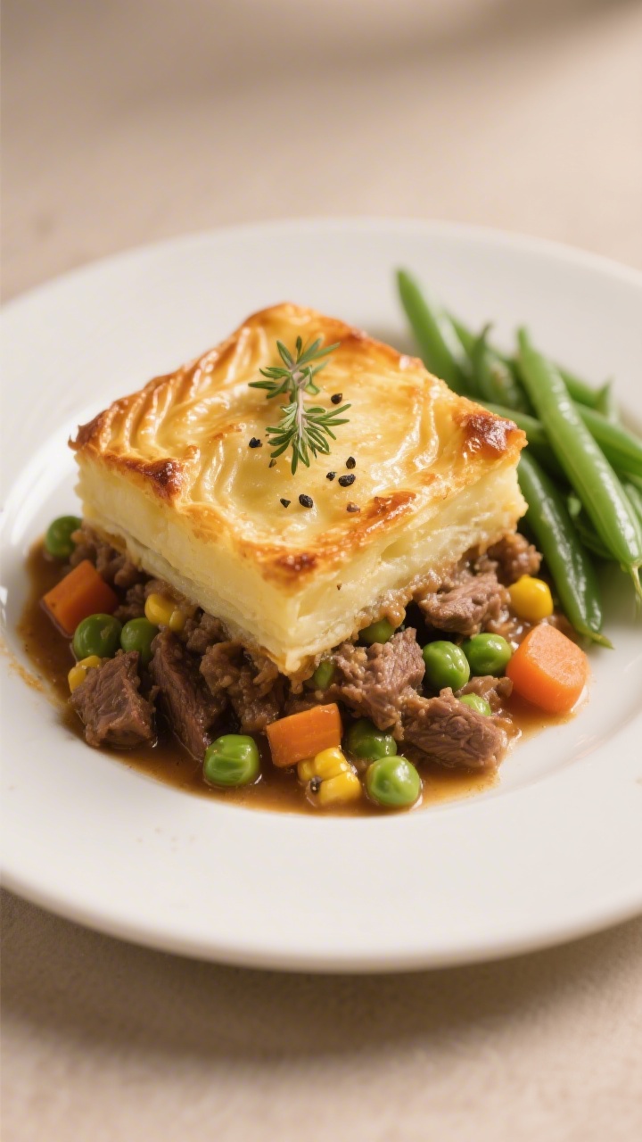 Final plated hero: Beautifully plated shepherd’s pie on a warm white ceramic plate, a generous squ