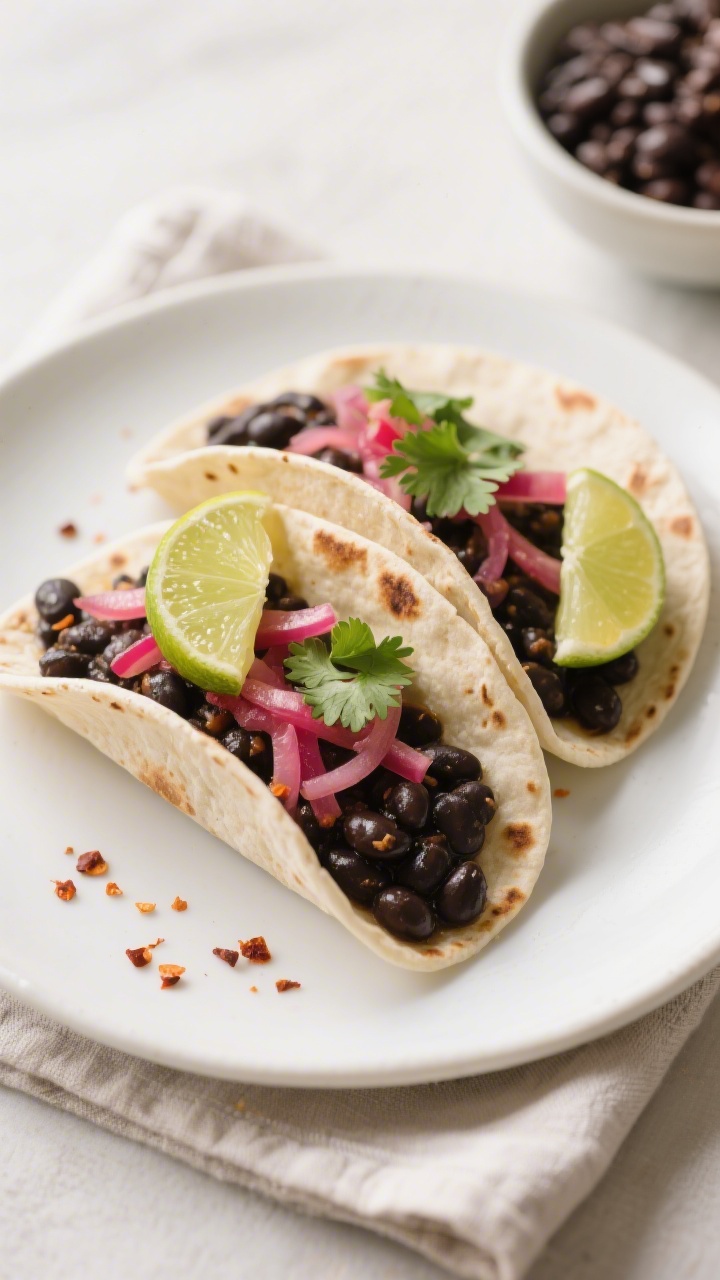 Final plated hero image: Beautifully plated black bean tacos (two to three) on a simple white cerami