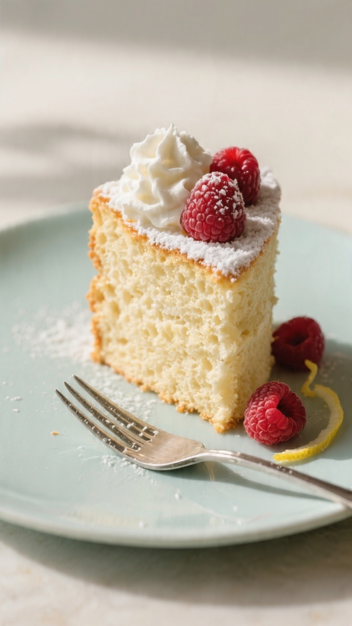 Final plated hero shot: a tall, airy slice of raspberry angel food cake on a matte pastel plate, top