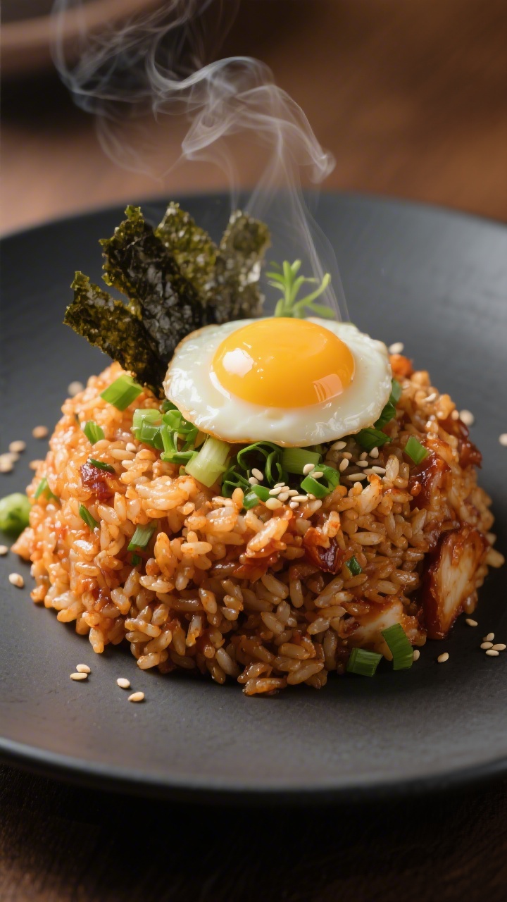 Final plated hero shot, close-up detail: Restaurant-quality plating of kimchi fried rice molded into