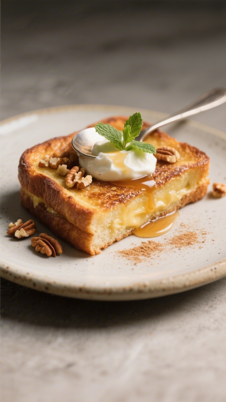 Final plated hero shot: Single slice of french toast with crisp edges and tender center, cut on the