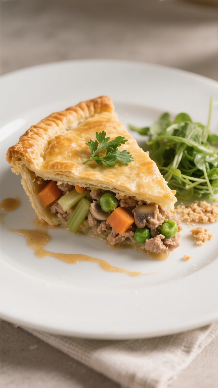 Final plated hero shot, slice served: A beautifully plated slice of Ground Turkey Pot Pie on a matte