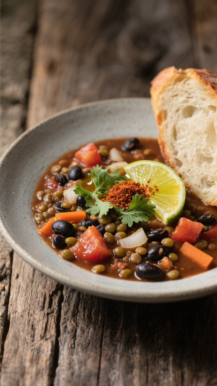 Final plated lentil and black bean chili-style stew: thick, hearty bowl with visible lentils, black 